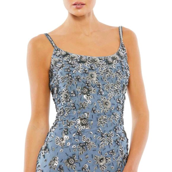 $598 Mac Duggal Size 4 Slate Blue Silver Floral Embellished Long Maxi Dress Gown - Picture 4 of 6